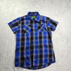 Dixxon DFC Plaid Short Sleeve Shirt Boys Large Bamboo Blend Suicidal Blue Black
